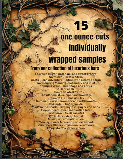 A label resembling  parchment paper covered in ivy with a detailed listing of the 15 individually wrapped bar soap samples inside the cardboard box.