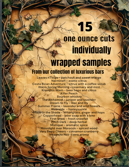 A label resembling  parchment paper covered in ivy with a detailed listing of the 15 individually wrapped bar soap samples inside the cardboard box.