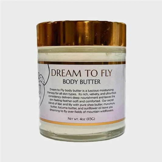 dream to fly body butter, small container, gold lid, white label